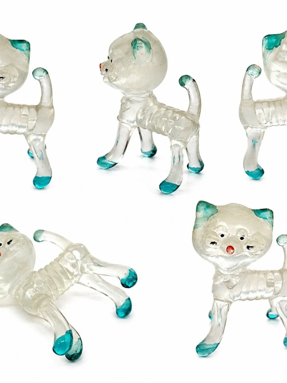 Vintage Mid-Century Hong Kong Clear Lucite Acrylic Plastic Cat Figurine Blue Acc